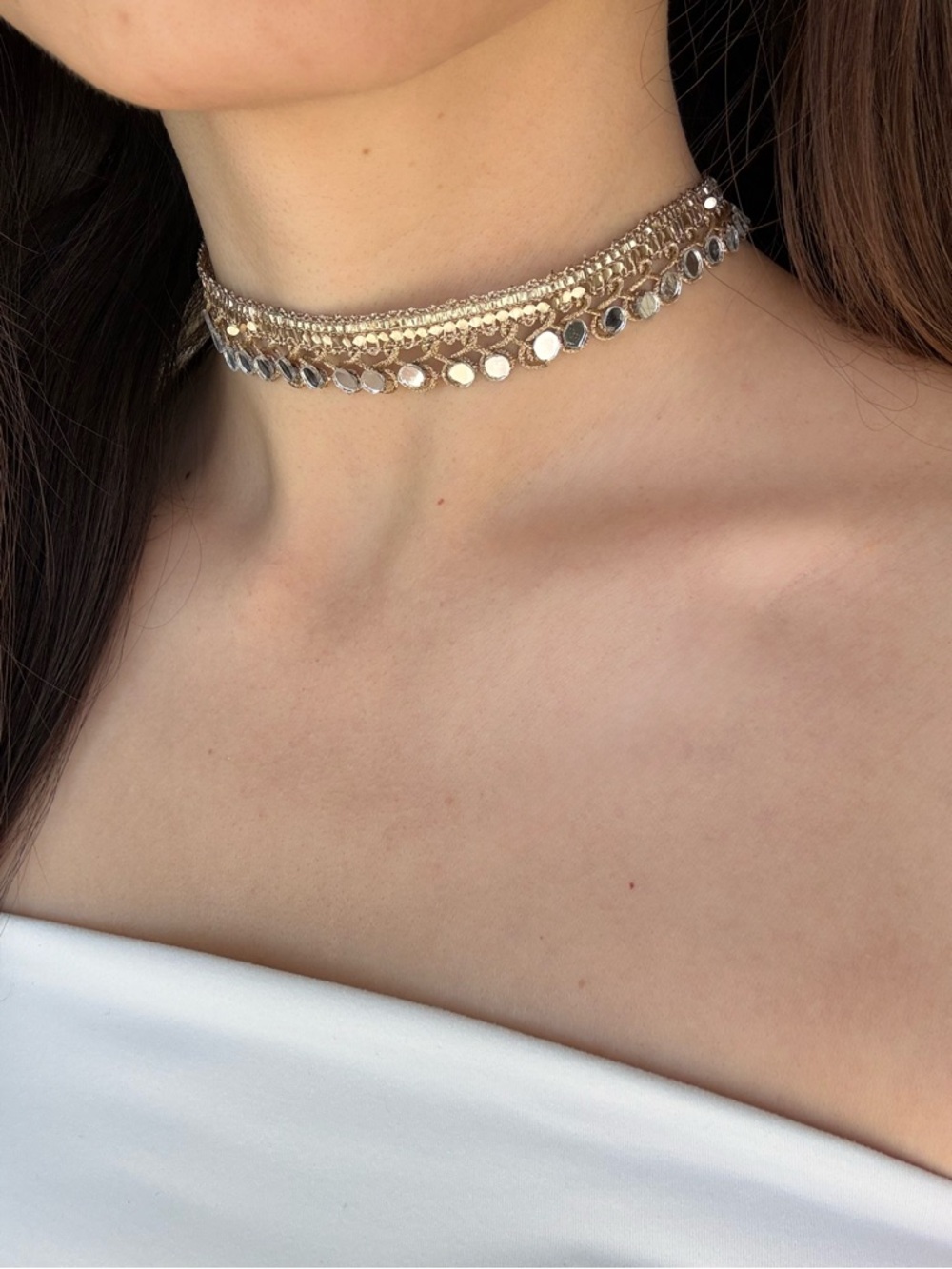Delicate Gold Sequin Layered Choker Necklace with mirror details